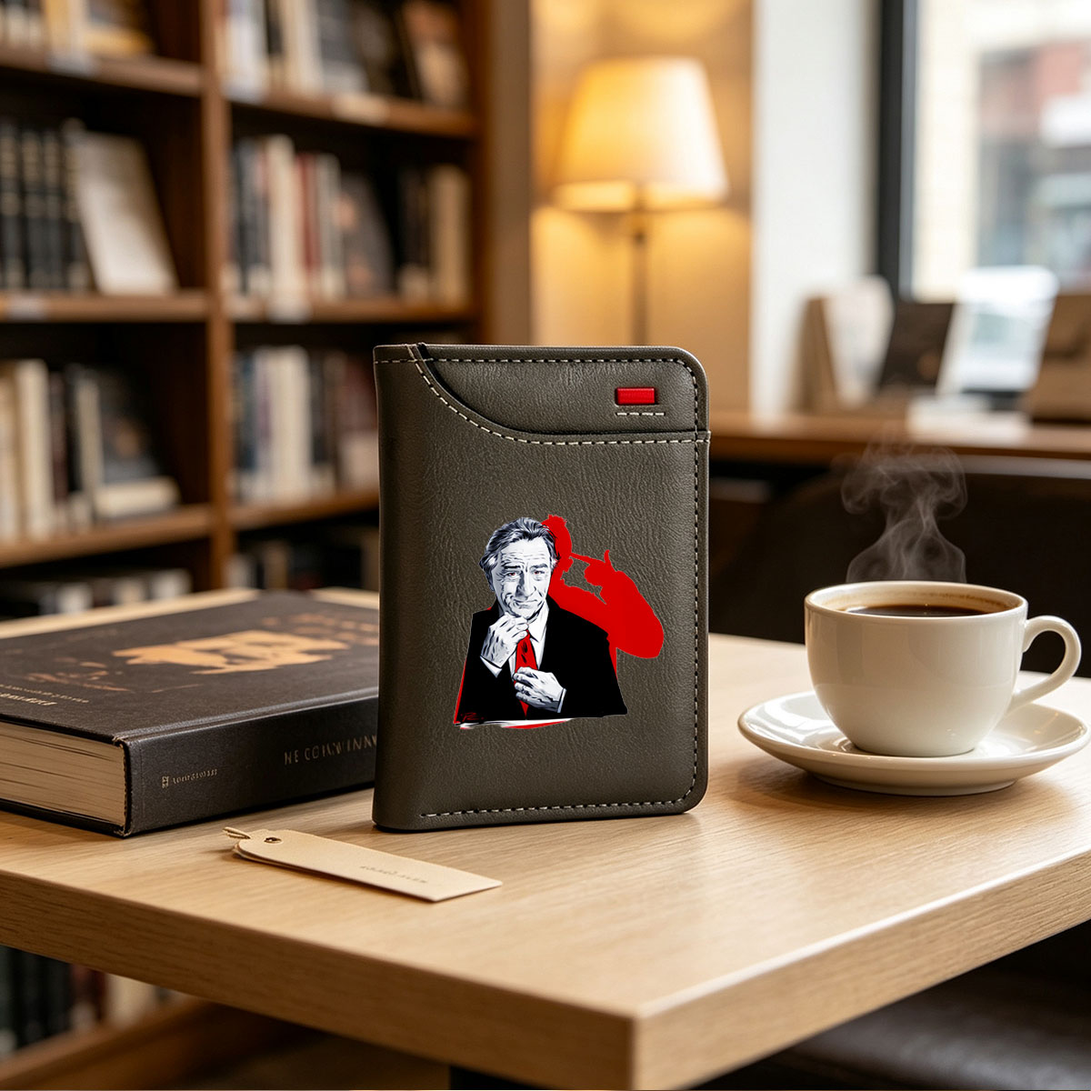 Robert De Niro as a suave gentleman adjusting his red tie, with a bold red silhouette in the background. - Vertical Style Wallet