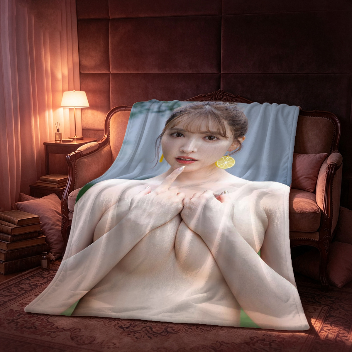 Kate Winslet in black fishnet bodysuit posing in gold frame. - Blanket