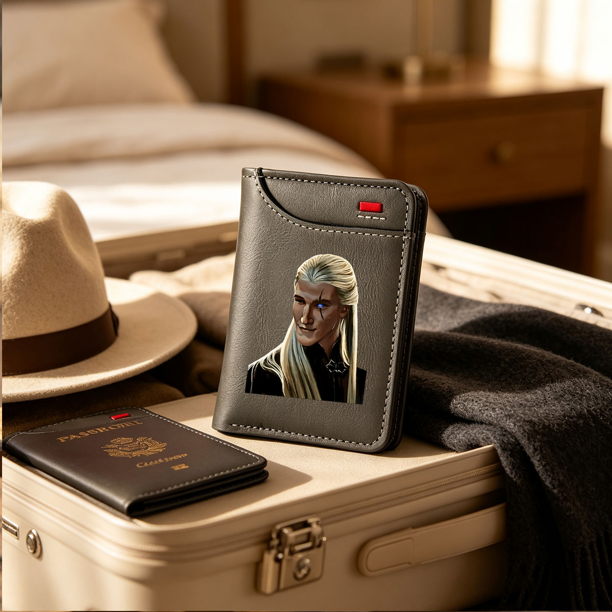 Elven Warrior with Glowing Blue Eye and Long Blonde Hair - Vertical Style Wallet