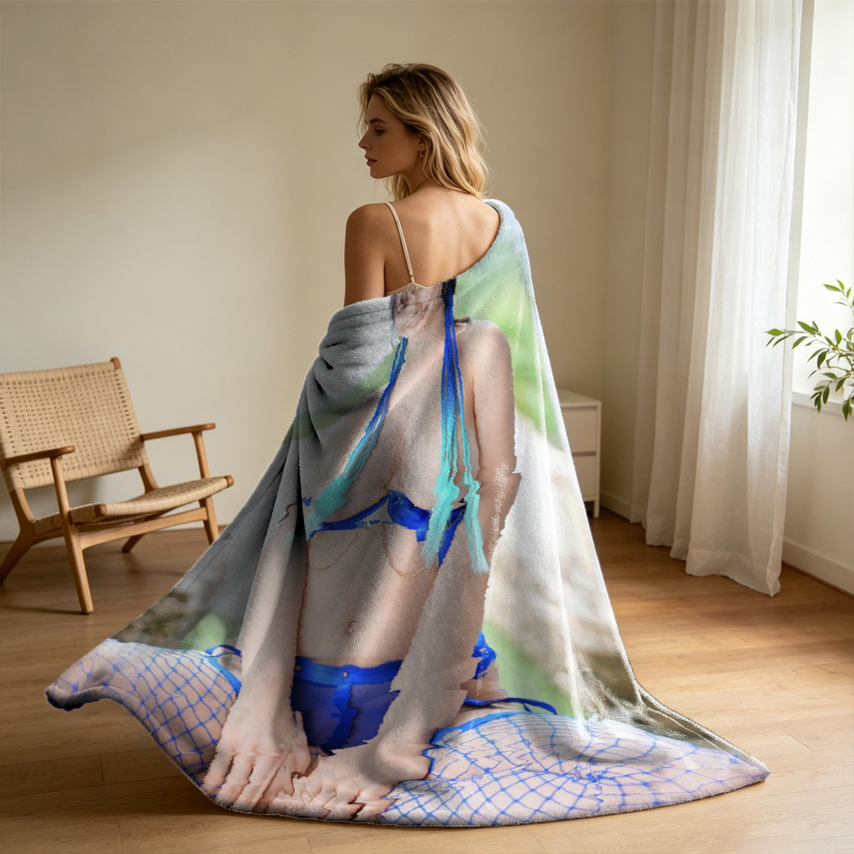 Nude Brunette Lifting Satin Dress in Modern Interior - Blanket