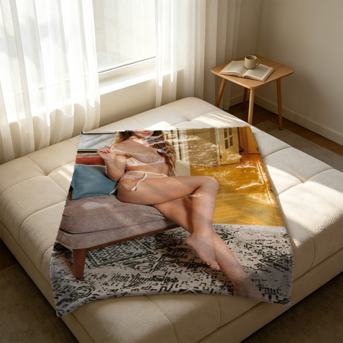 Nude Blonde on Blue Armchair - Blanket