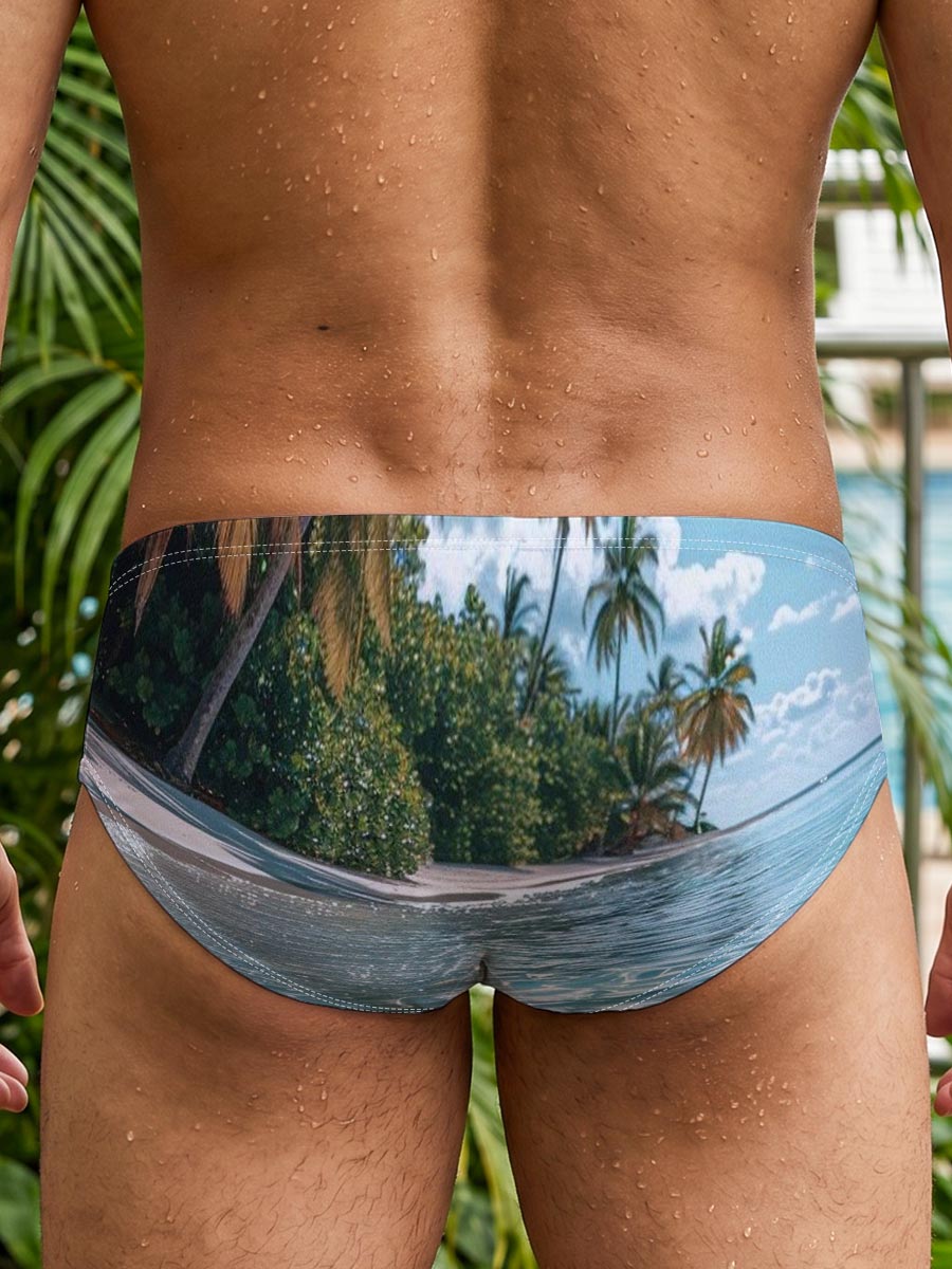 Crystal-clear waters lap against a serene tropical beach lined with swaying palm trees under a bright blue sky. -  Men's swim trunks