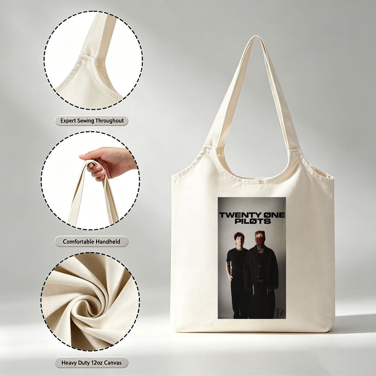 Twenty One Pilots Standing in Black Outfits with One Member Wearing a Mask and the Band Name Displayed Above Them - Canvas shoulder bags/