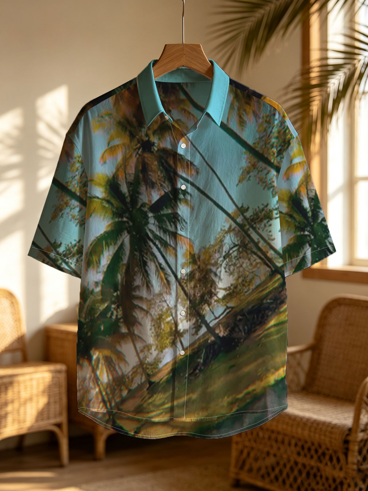 Tropical palm trees sway under a clear blue sky, casting golden shadows on the ground. -  Shirt