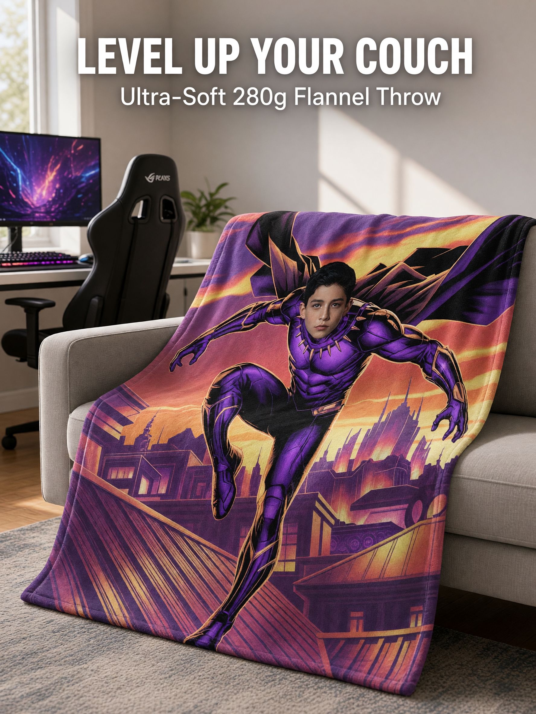 Custom Face Flannel Blanket With Purple Superhero Cityscape Art, Personalized Photo Throw Gift For Kids And Comic Fans