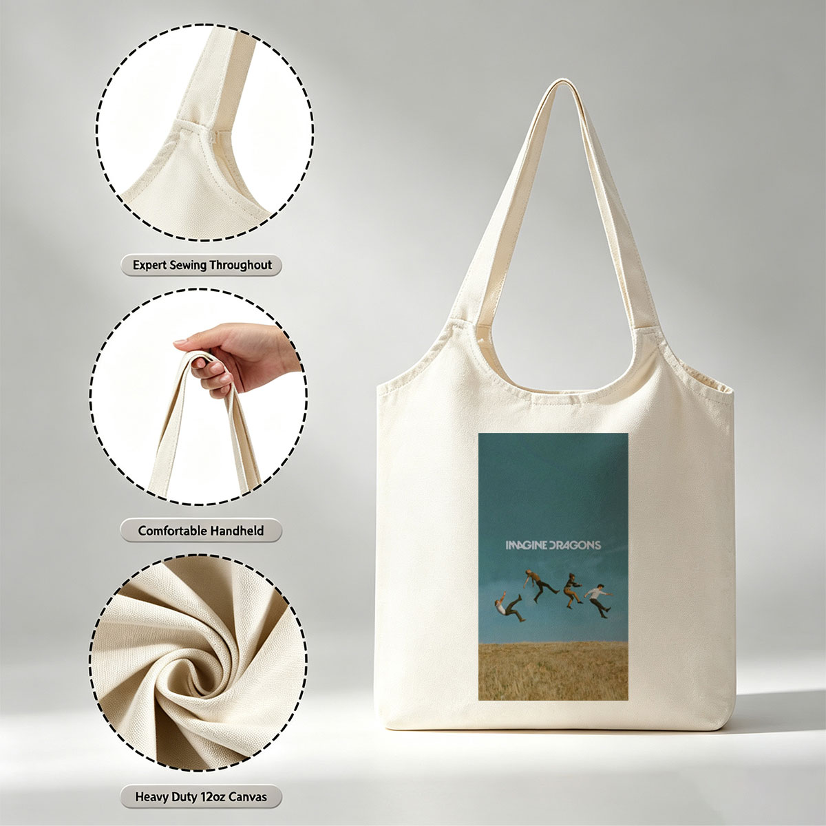 Imagine Dragons Band Members Jumping in a Field Under Blue Sky - Canvas shoulder bags/