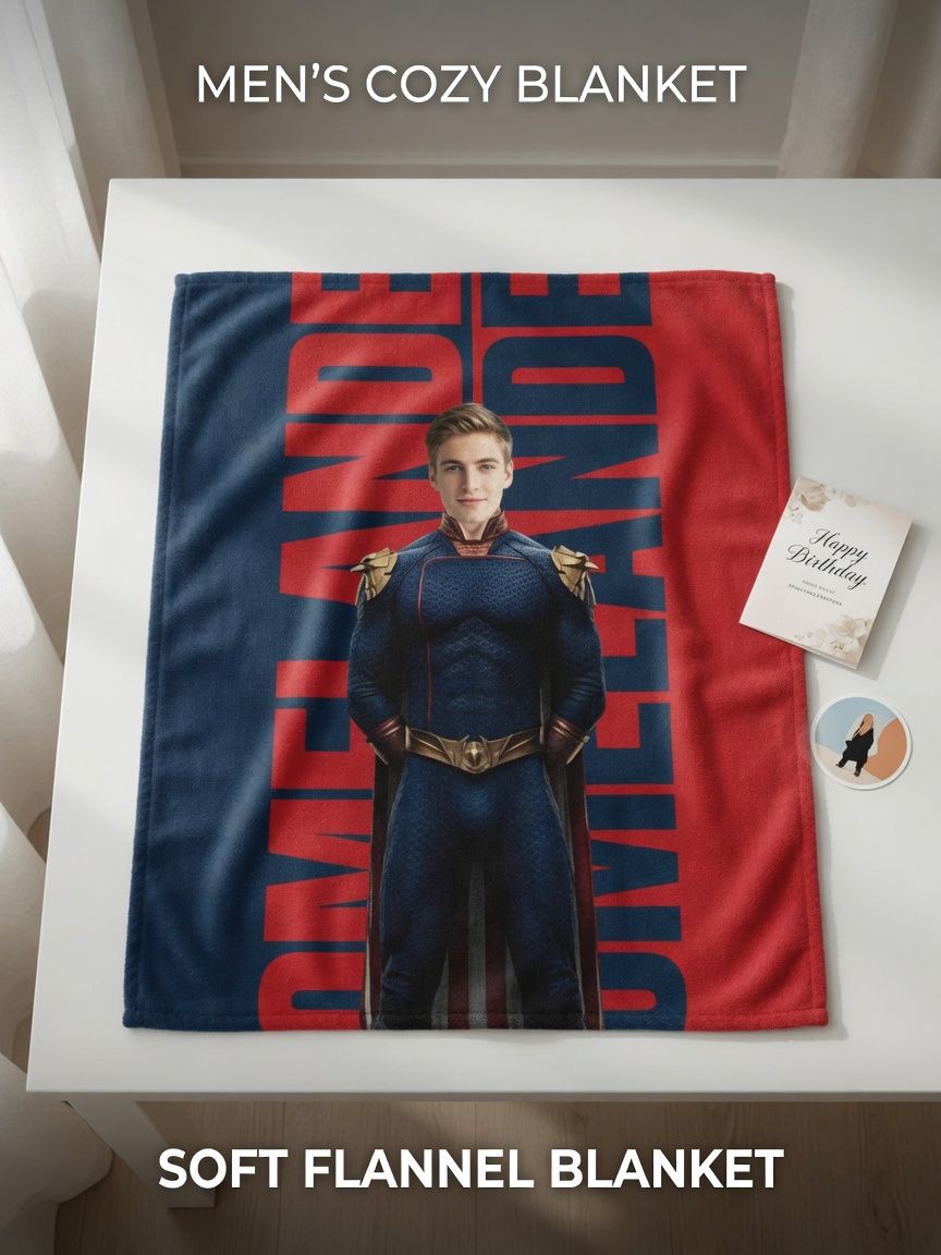 Custom Photo Face Flannel Blanket Personalized Superhero Design Lightweight Warm Plush Throw for Bed Couch and Gifts