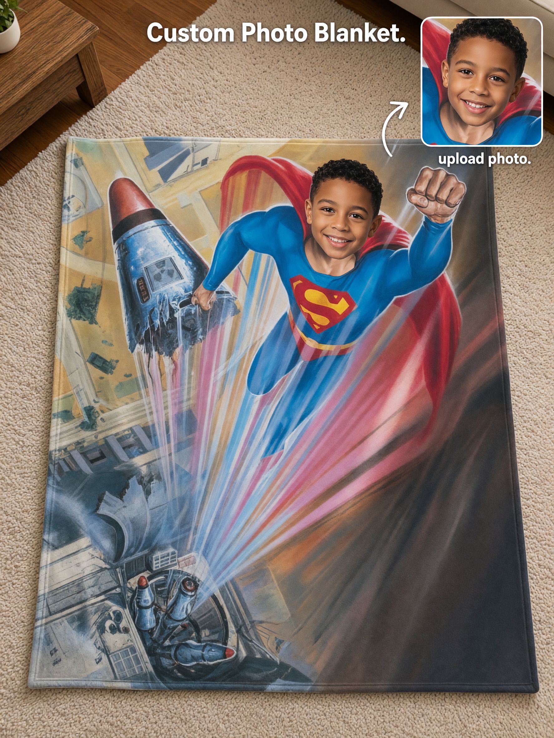 Custom Face Superhero Flannel Fleece Blanket, Ultra Soft Cozy Throw, Ideal Personalized Gift for Kids and Family