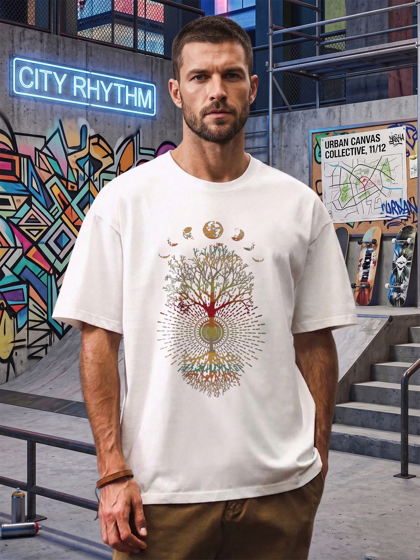 Men's Printed T-Shirt Tree of Life with Moon Phases Graphic Casual Round Neck Summer Lightweight Breathable Short Sleeve Tee for Nature Lovers and Spiritual Seekers