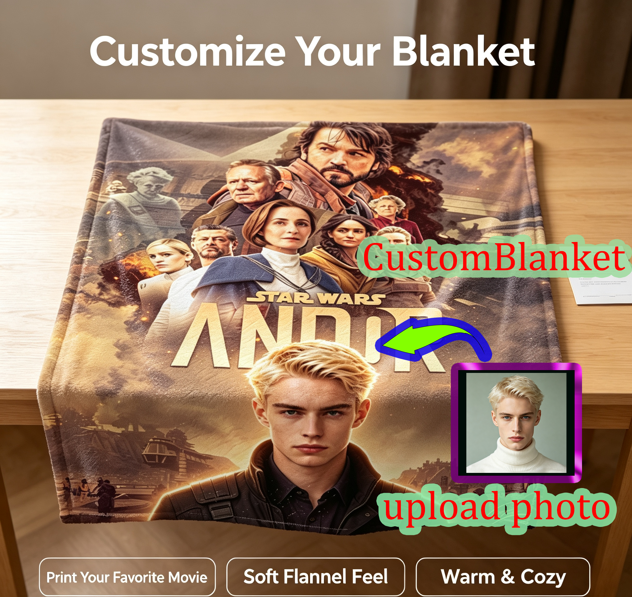 Custom Face Blanket Star Wars Andor Flannel Blanket Perfect for Fans of the Series Ideal for Couch Watching or as a Thoughtful Gift or Giveaway