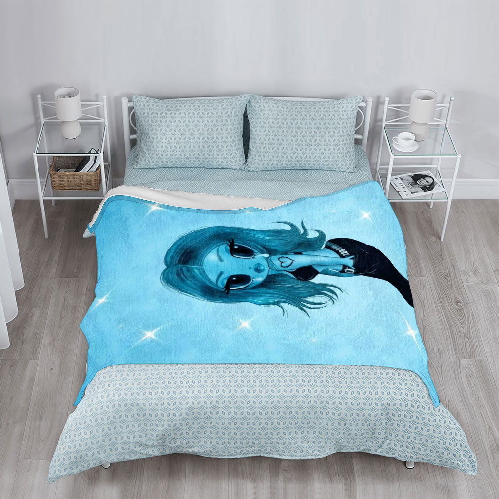 Aqua Blue Anime Girl in Black Dress with Heart Tattoo on Starry Background - Blankets