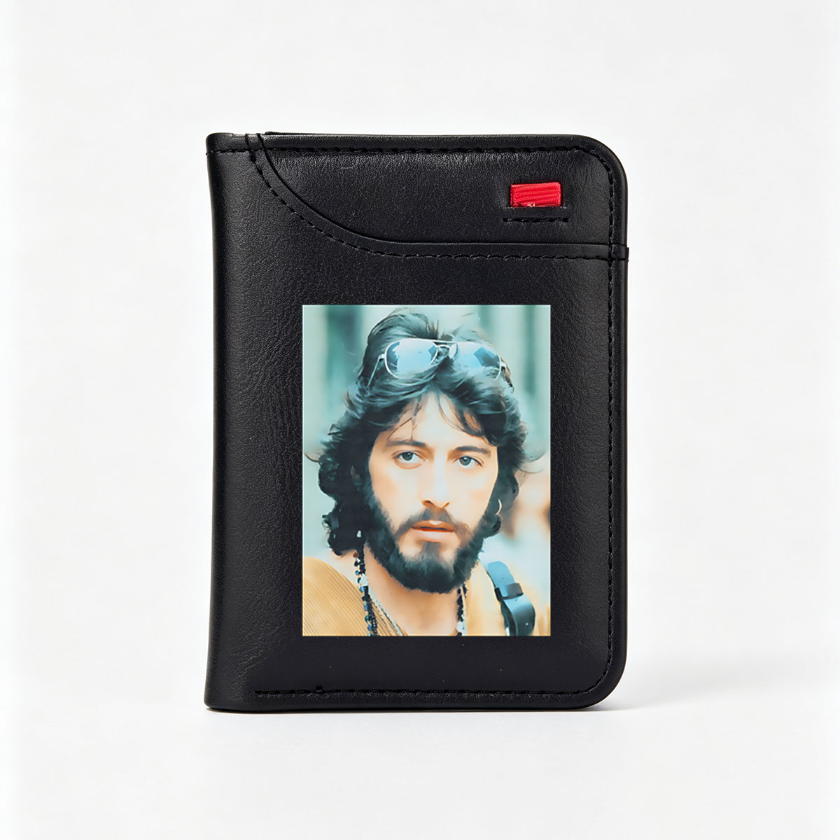 Bob Seger with sunglasses on head, wearing beads and a guitar strap - Vertical Style Wallet