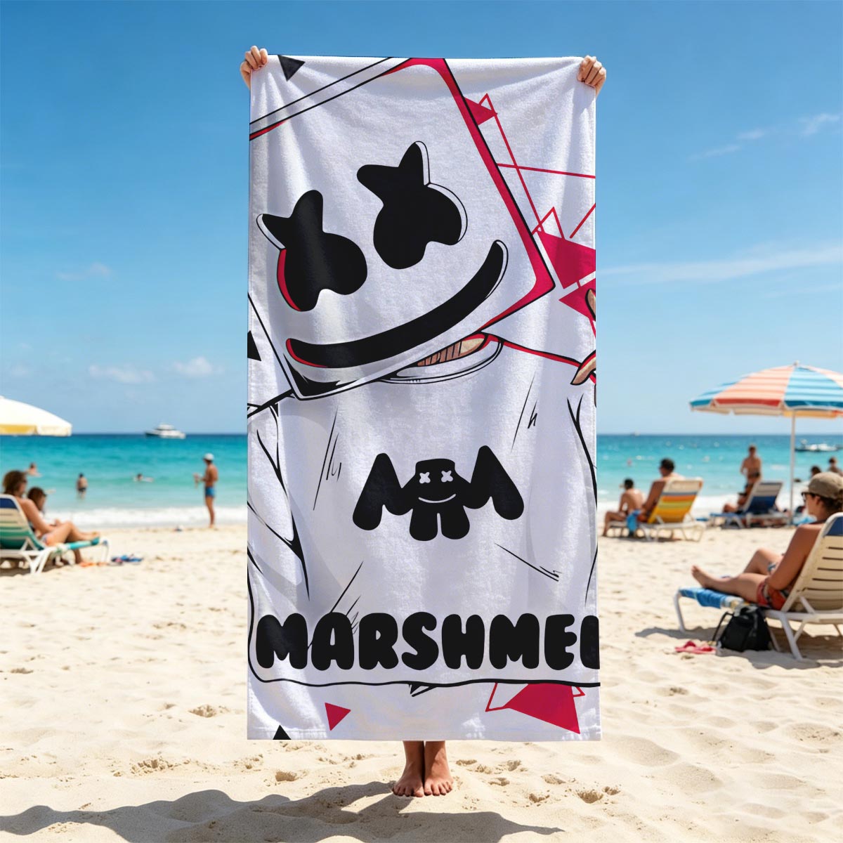 Marshmello DJ Music Artist with Iconic Helmet and Red Triangles - Beach towels