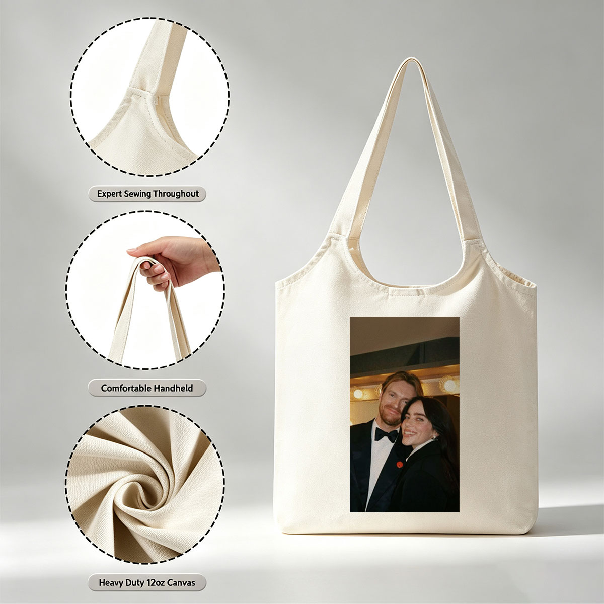 Lily Collins and Sam Claflin at a glamorous event, smiling together in formal attire with warm lighting in the background. - Canvas shoulder bags/