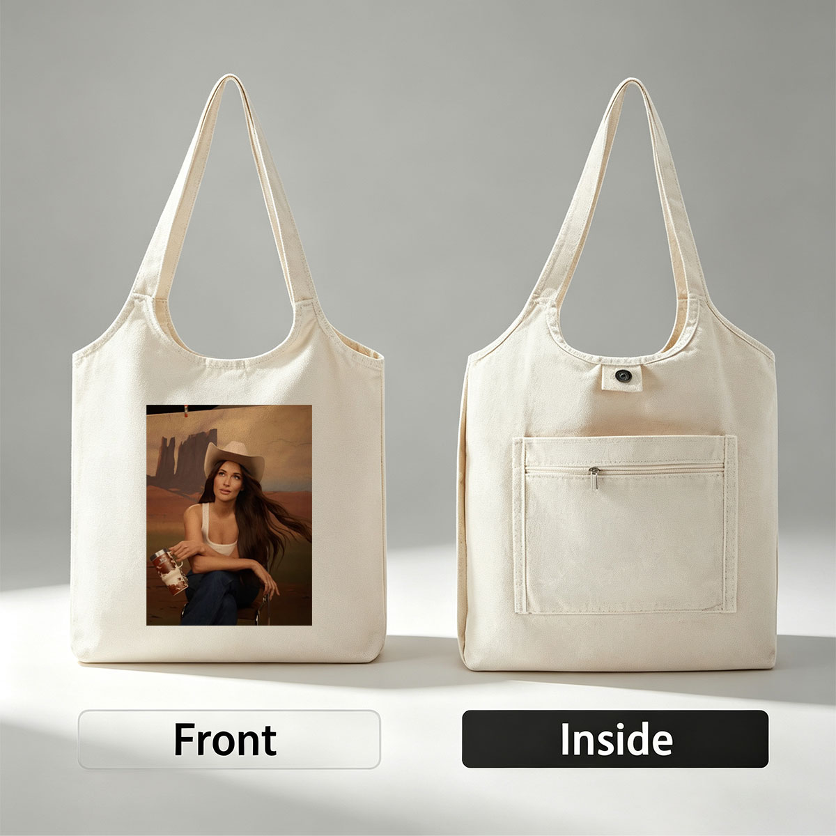 Jennifer Lopez in Cowboy Hat Holding a Mug Against Desert Backdrop - Canvas shoulder bags/