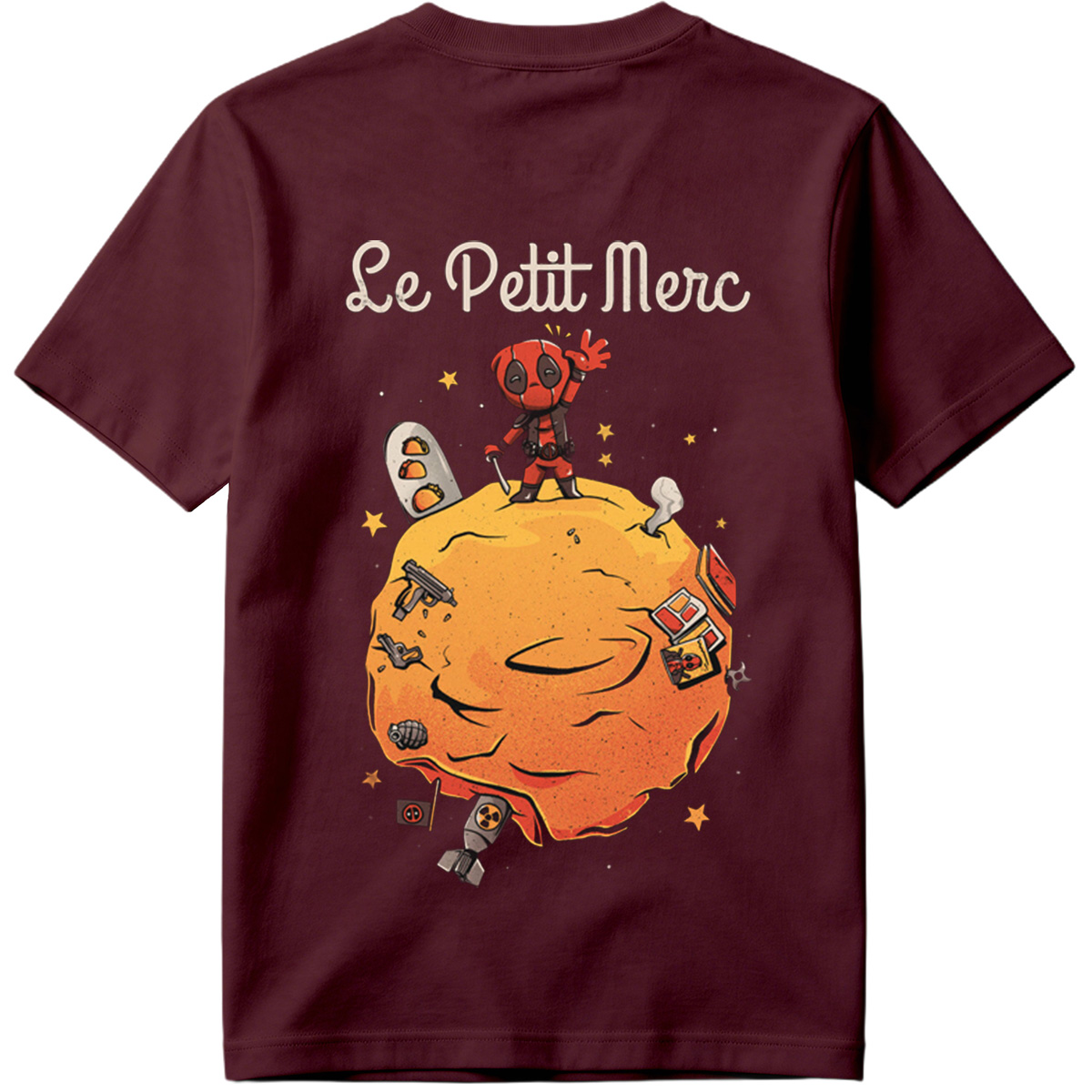 Deadpool on a Planet with Weapons and Space Items - Tee