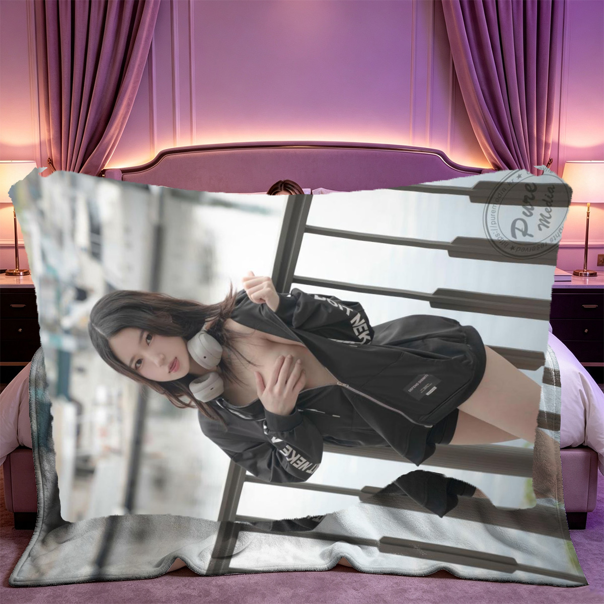A sexy woman in white fishnet lingerie kneeling on a luxurious bed. - Blanket