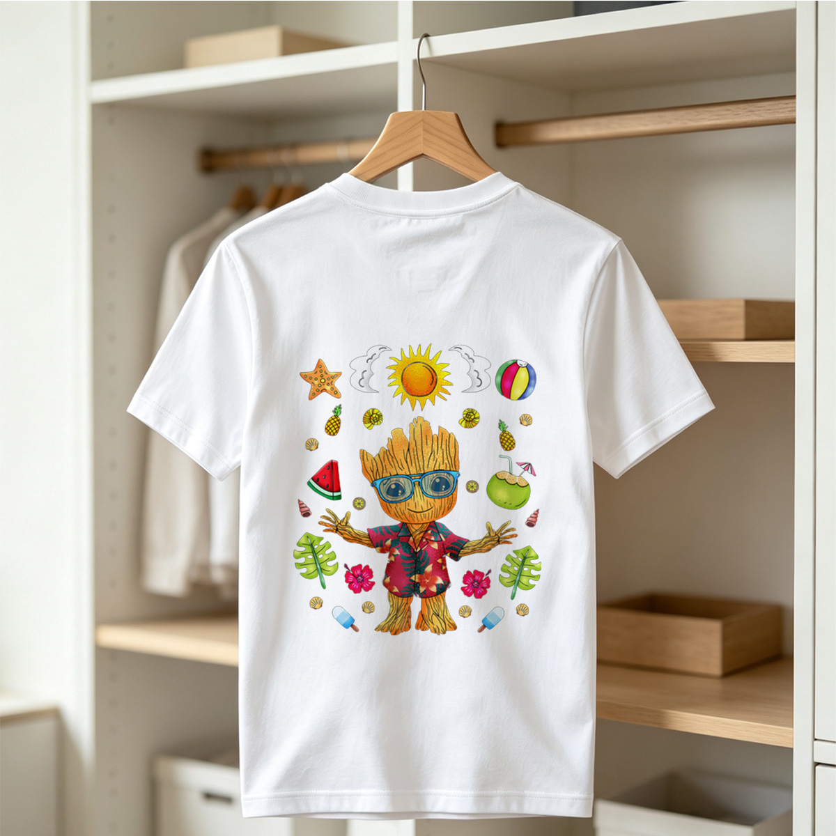 Groot in Hawaiian Shirt with Summer Elements - Tee