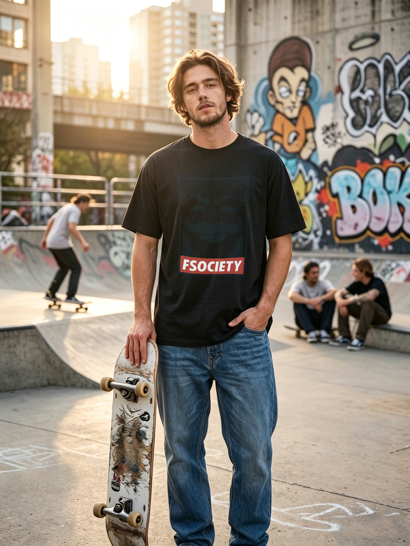 Men's Printed T-Shirt with FSOCIETY Mask Design and Bold Text - Casual Round Neck Summer Lightweight Breathable Short Sleeve Tee for Urban Streetwear Fans, Tech Enthusiasts, and Trend-Seeking Adults