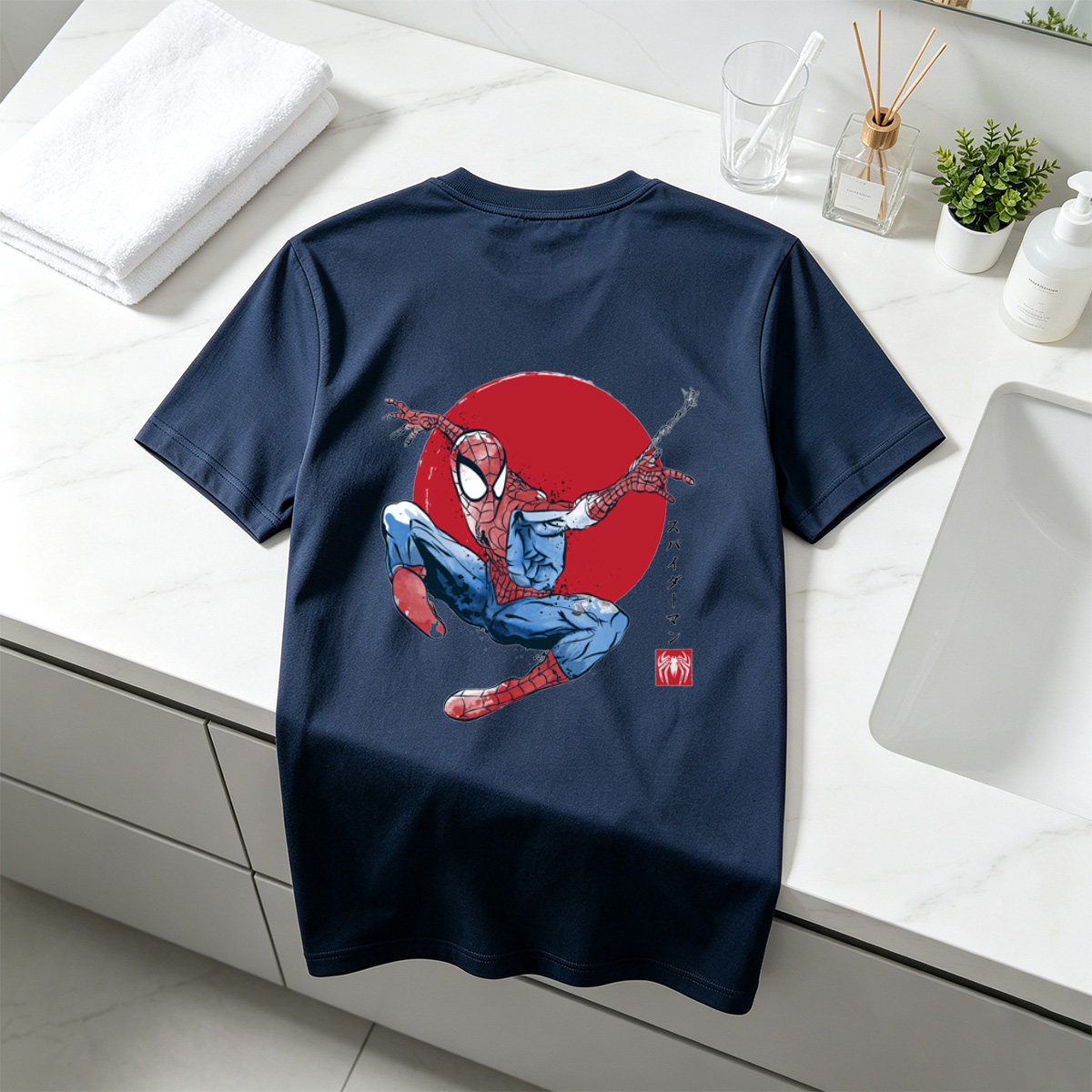 Spider-Man in Action Against Red Sun Background - Tee
