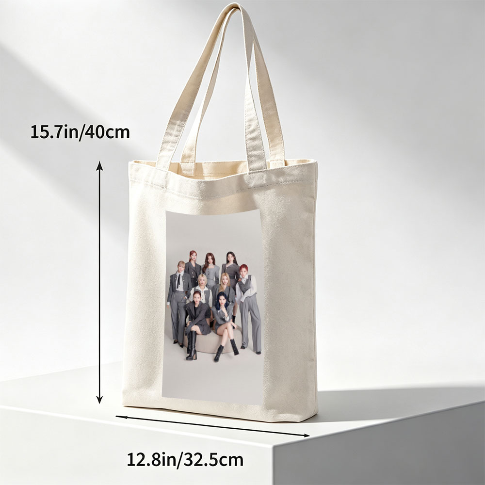 Twice Group in Stylish Gray Suits Posed on a Minimalist Set - Canvas tote bags