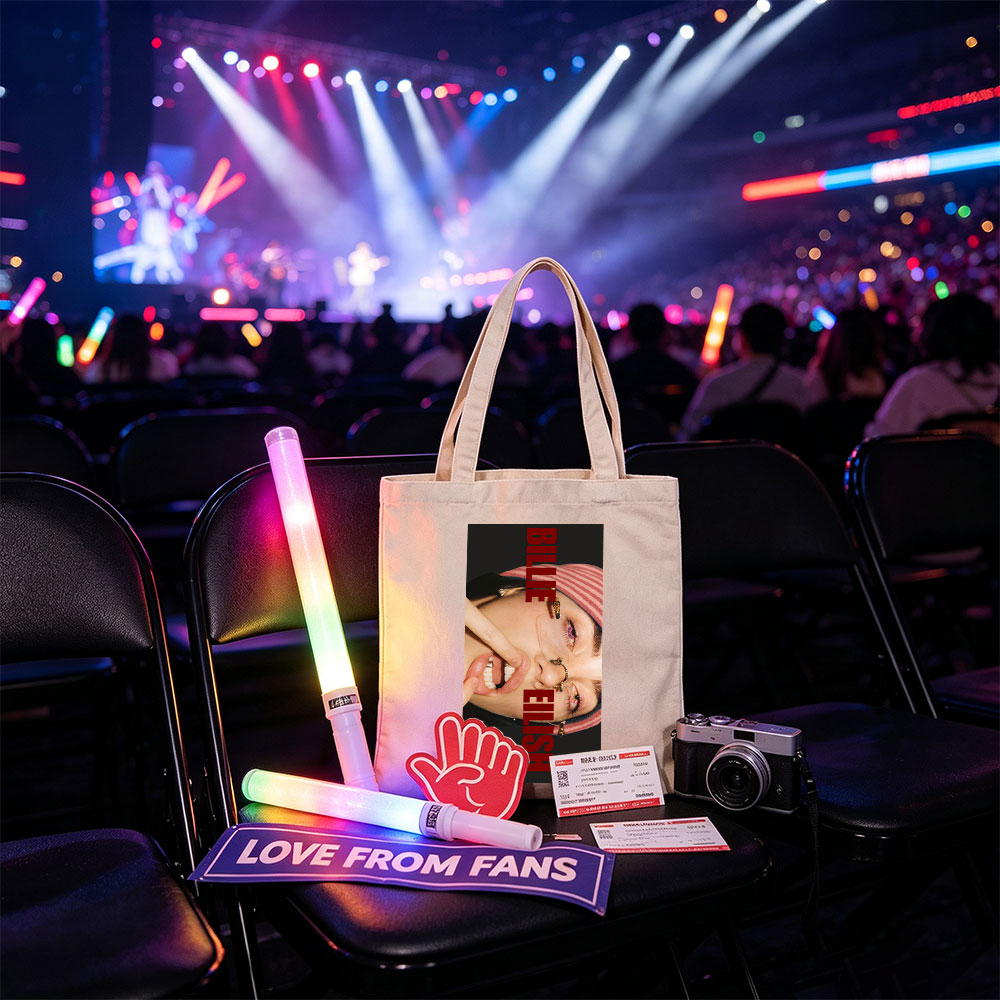 Billie Eilish Close-Up Portrait with Bold Red Text and Striped Beanie - Canvas tote bags