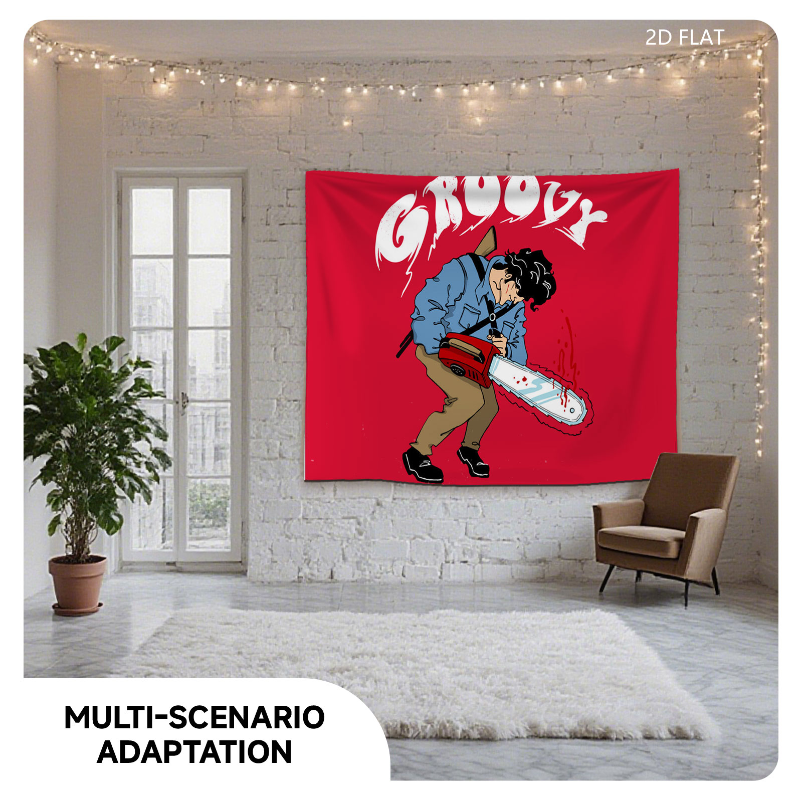 Groovy Chainsaw Man with Red Background - Tapestry