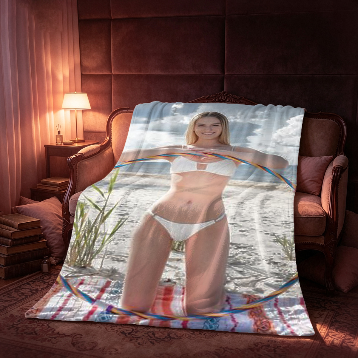 Two nude women showering together embracing under water stream. - Blanket