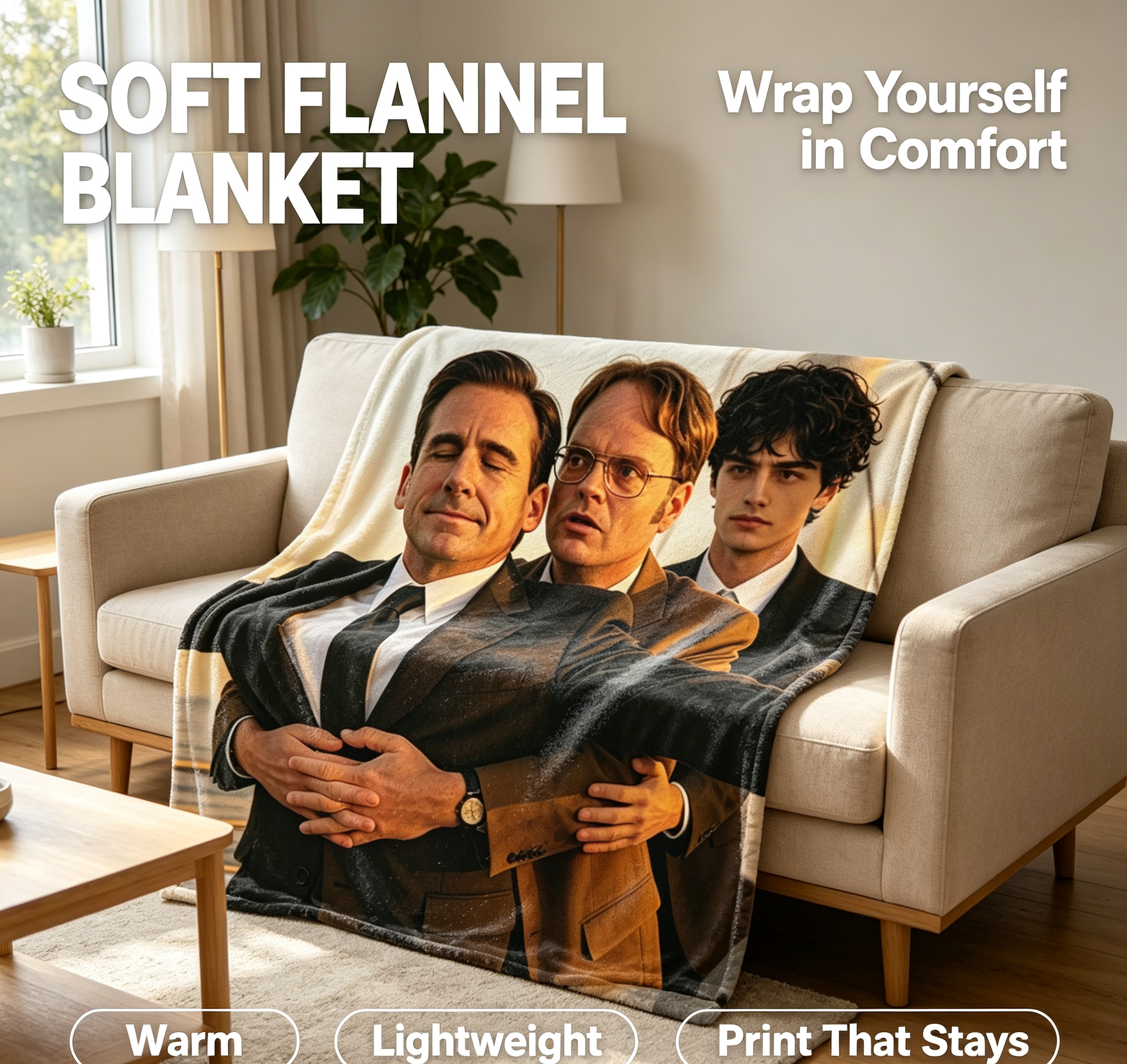 Custom Face Blanket - Steve Carell, Rainn Wilson, and Jacob Elordi on a Sailboat at Sunset Flannel Blanket - Perfect for Cozy Nights and Movie Marathons - Ideal Gift or Giveaway for Fans