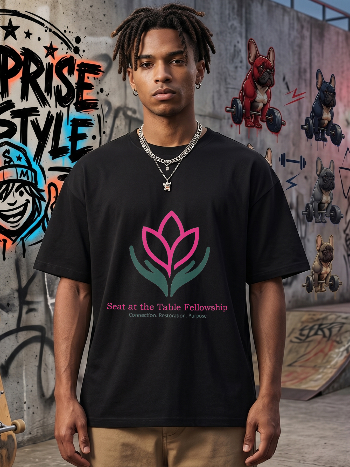 Men's Printed T-Shirt Seat at the Table Fellowship Lotus Hands Design Casual Round Neck Summer Lightweight Breathable Short Sleeve T-Shirt for Daily Wear and Community Events Adults