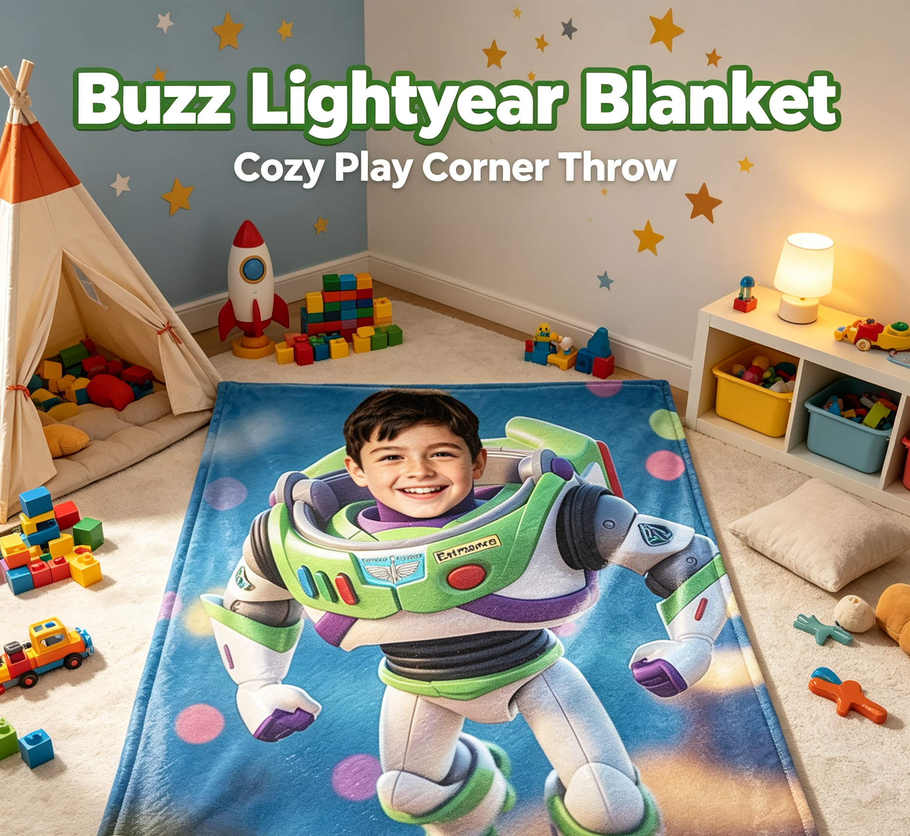 Personalized Space Ranger Photo Fleece Blanket – Custom Face Galactic Hero Soft Throw for Kids & Toddlers, Bedroom Bedding & Birthday Gift