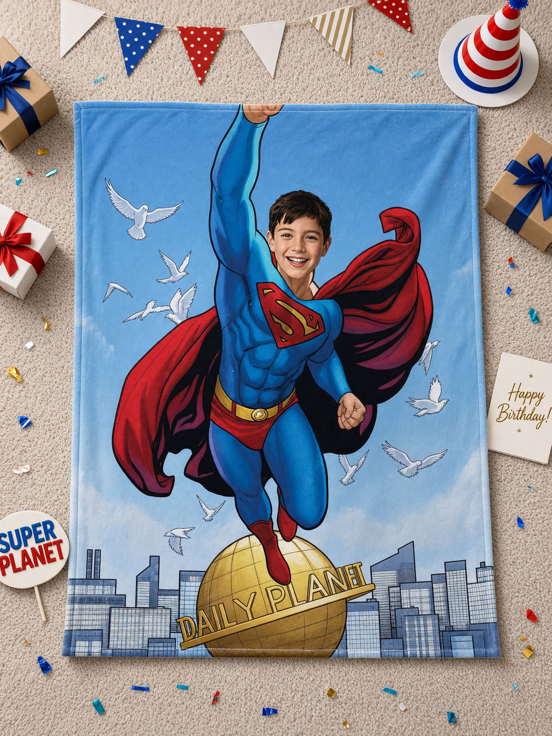 Custom Photo Superhero Flannel Fleece Blanket Personalized Face Flying Hero Comic Art Soft Throw for Bed Couch and