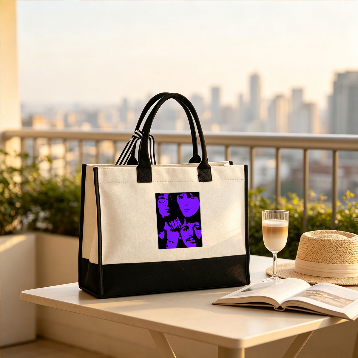 The Beatles in Purple Silhouette Portrait - Canvas patchwork gift tote bag