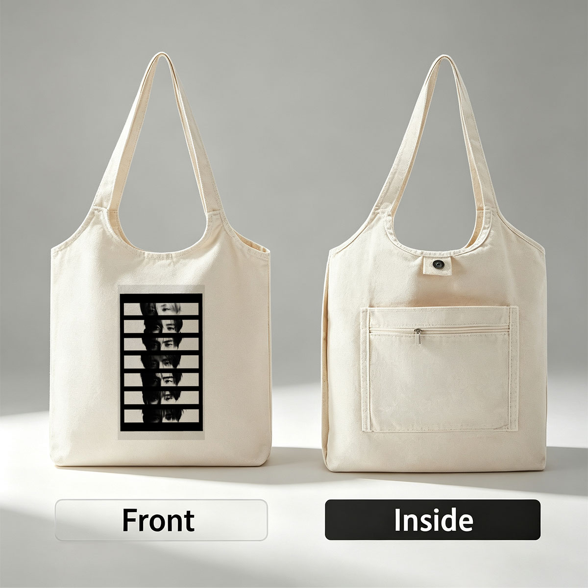 BTS Members in Black and White Striped Portrait with Fragmented Faces - Canvas shoulder bags/