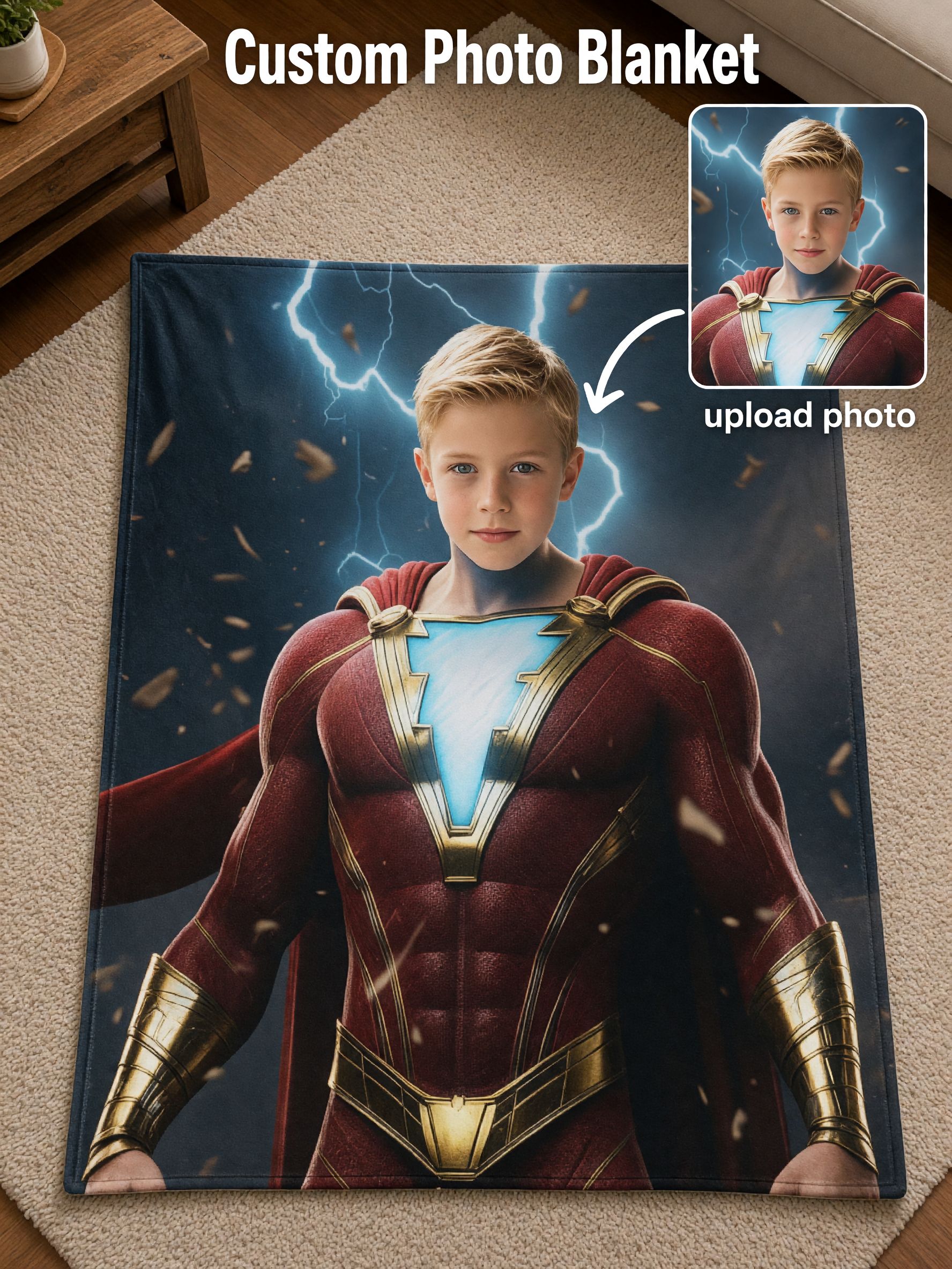 Personalized Superhero Face Photo Blanket, Custom Ultra Soft Flannel Throw, Cozy Skin-Friendly Kids Birthday Gift