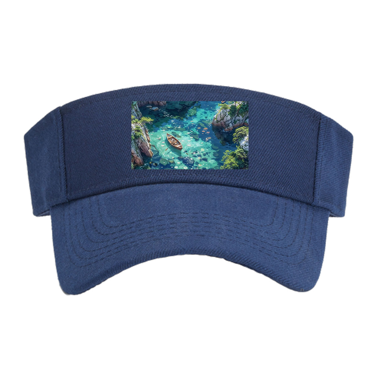 A serene boat floats on crystal-clear waters surrounded by rocky cliffs and blooming flowers. -  Visor cap