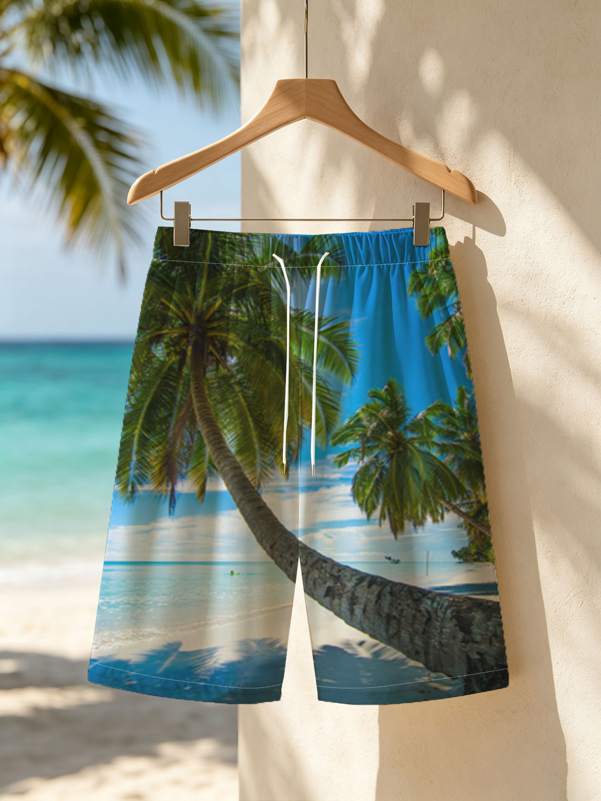 Tropical Beach with Swaying Palm Trees and Crystal Clear Waters -  Beach shorts