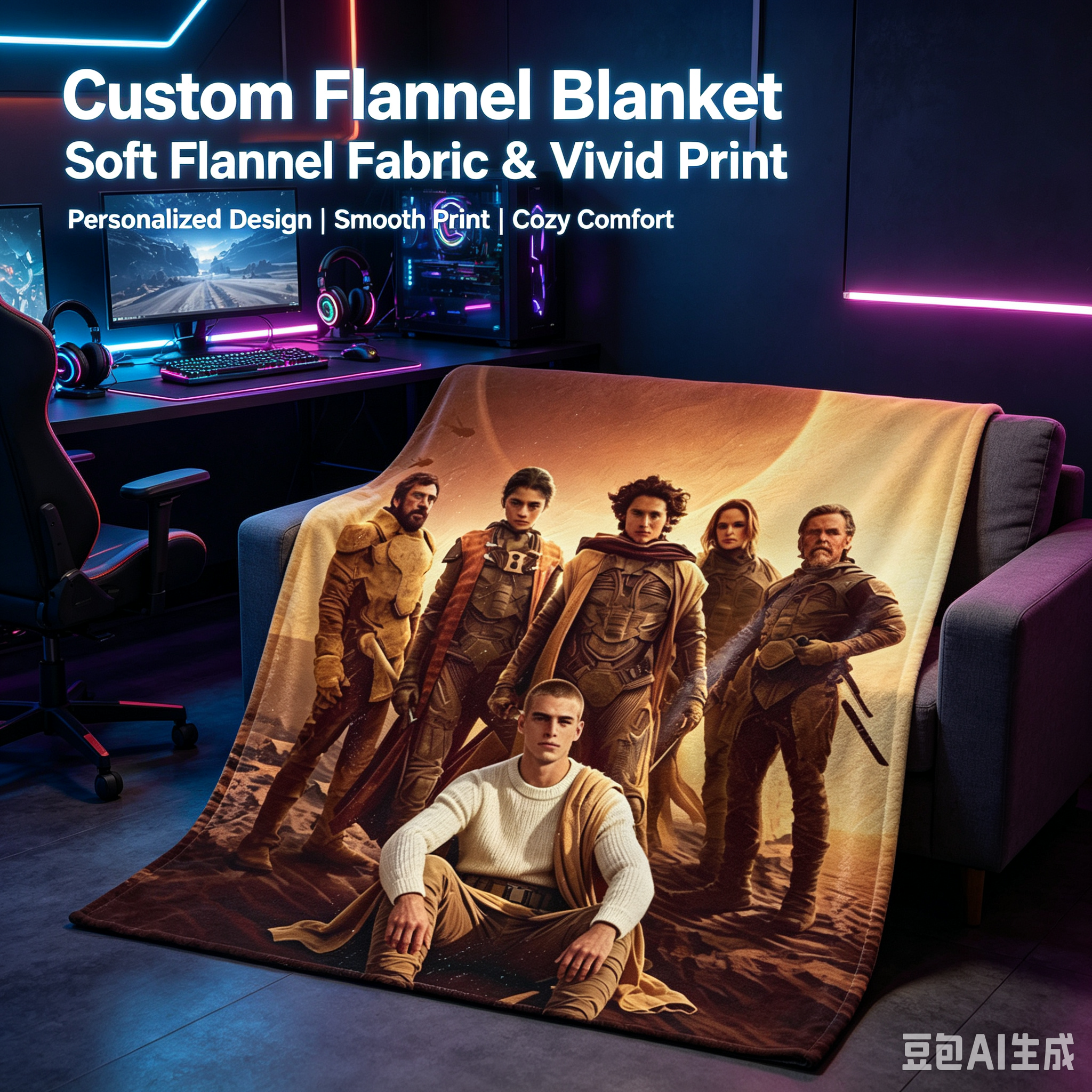 Custom Face Blanket Dune Movie Characters Flannel Blanket for Couch, Bed, or Travel – Perfect Gift or Giveaway for Sci-Fi Fans