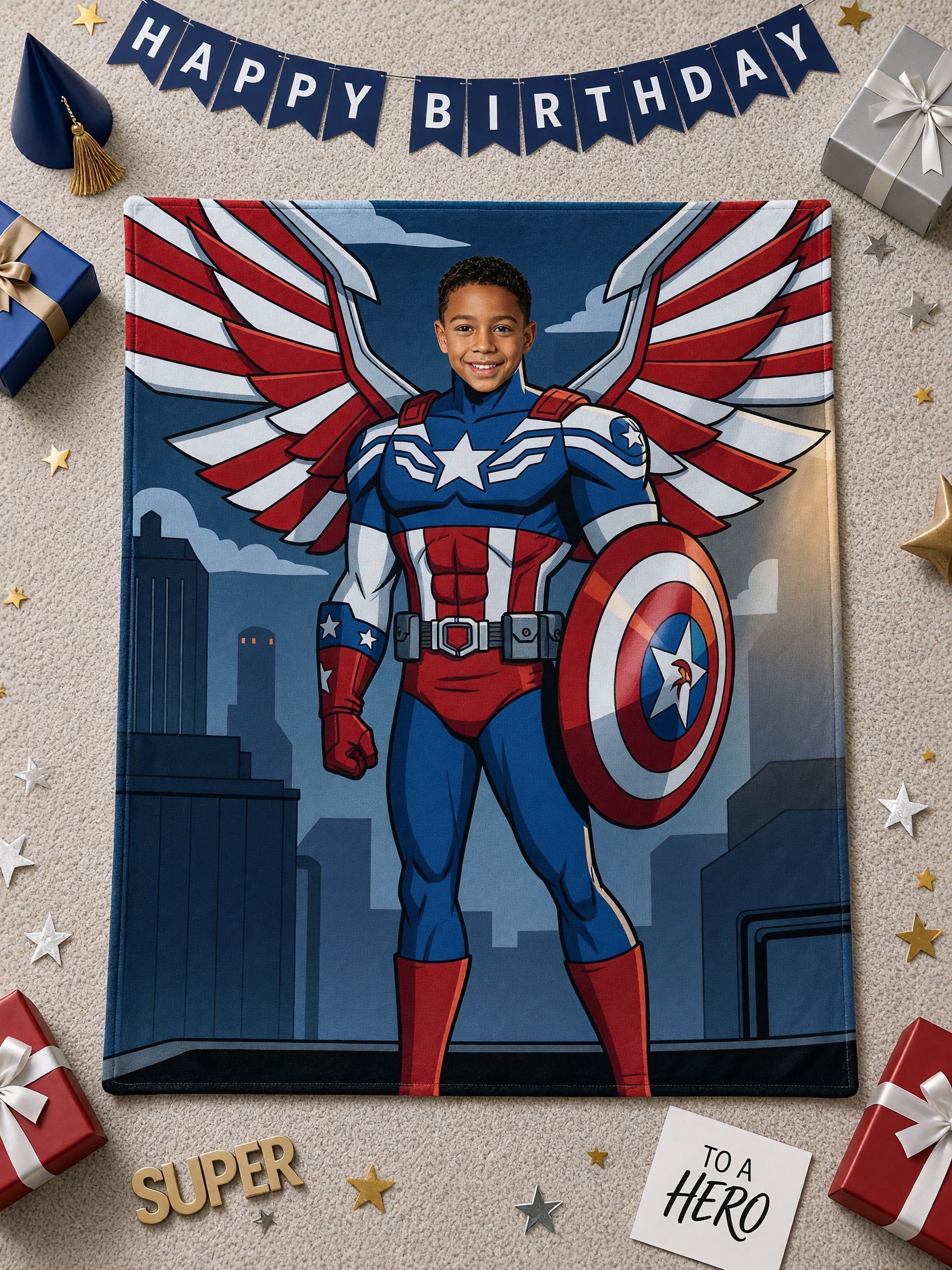 Custom Face Superhero Blanket Personalized Photo Flannel Fleece Throw Cozy Superhero Keepsake Gift for Kids and Comic
