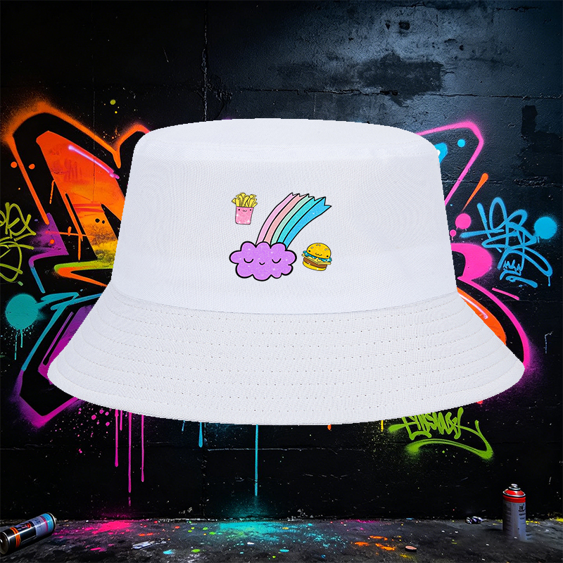Unisex Bucket Hat with Cute Food Rainbow Print - Kawaii Fast Food Design, Sparkly Cloud and Burger Pattern - Classic Adjustable Sun Hat for Outdoor Activities, Beach, Travel, and Casual Wear - Perfect for Teens, Youth, and Trendy Adults
