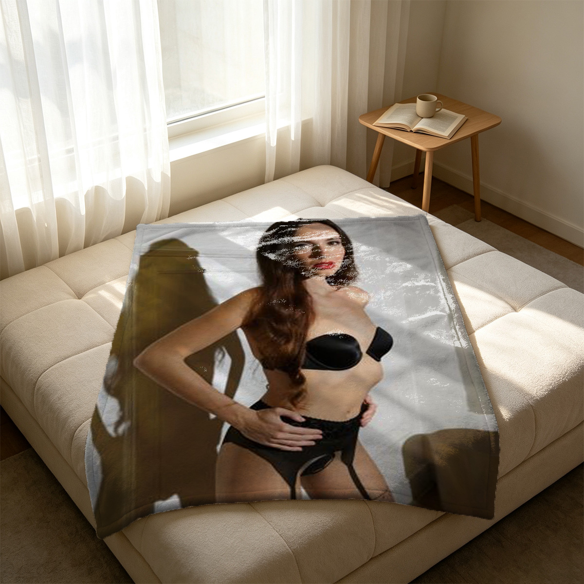 A woman in a white off-shoulder micro bikini posing seductively. - Blanket