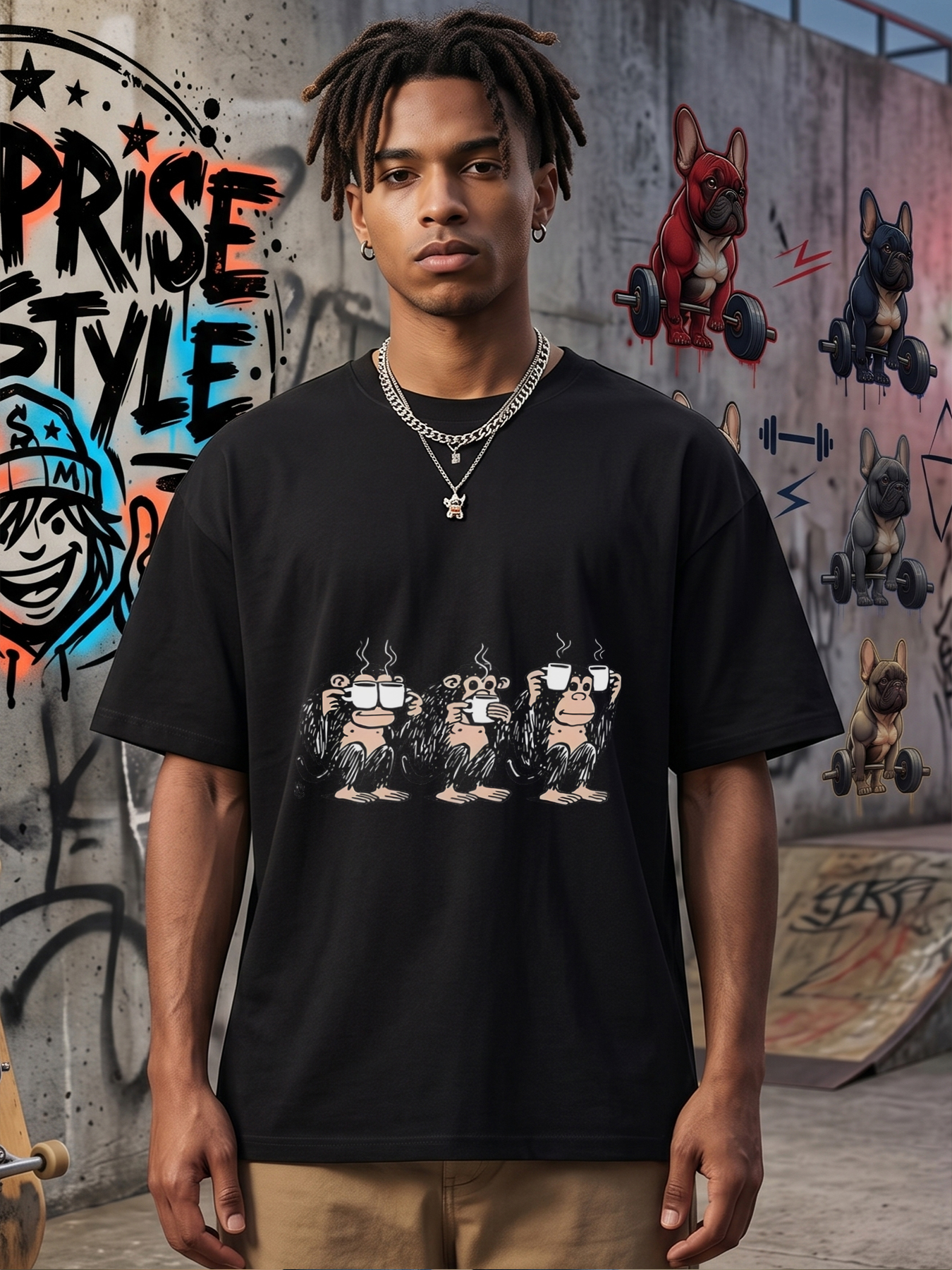 Men's Printed T-Shirt Coffee Monkey Cartoon Graphic Funny Casual Round Neck Lightweight Breathable Summer Short Sleeve Tee for Daily Wear Office Workouts Men and Women