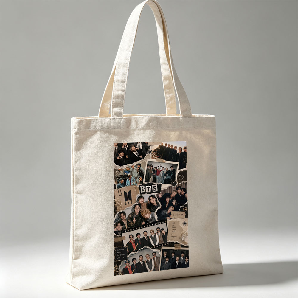 BTS Group Photo Collage Featuring Members in Various Outfits and Settings with Fans and Teamwork Theme - Canvas tote bags
