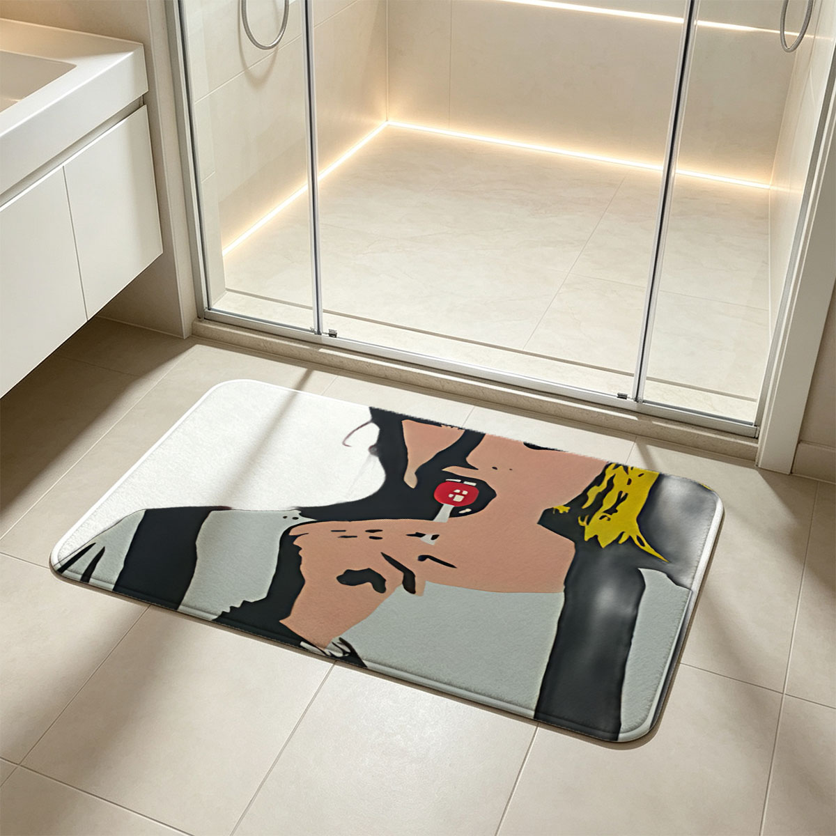 Pop Art Portrait of a Woman with Red Lollipop - Flannel floor mat