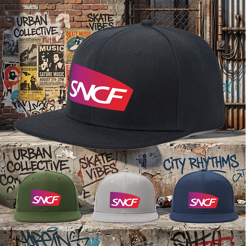 Flat Brim Baseball Cap SNCF Logo Print Streetwear Underground Skate Style for Basketball Court Skate Park Urban Riders and Hip Hop Artists