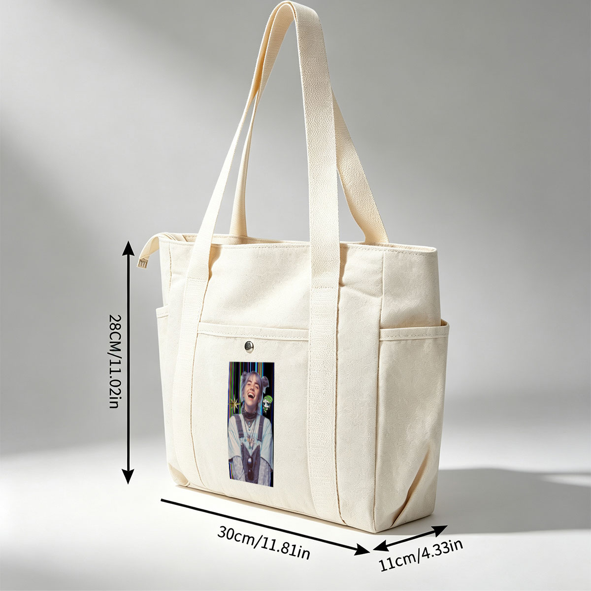 Billie Eilish Laughing in Overalls with Colorful Background and Cartoon Character Overlay - Multi-pocket bags