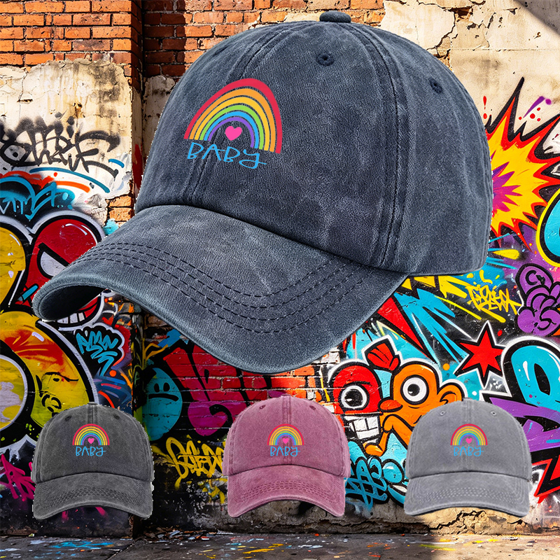 Men's Rainbow Heart Print Washed Cap Baby Text Design Casual Round Brim Summer Lightweight Hat for Outdoor Activities and Daily Wear, Perfect for Young Adults and Trendy Urban Style Lovers