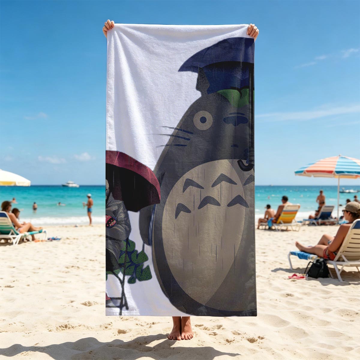 Totoro and a Person Under Umbrellas in the Rain - Beach towels