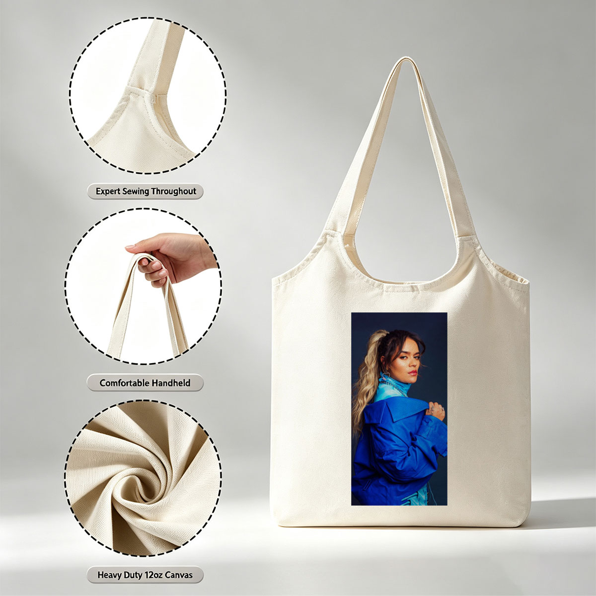 Rita Ora in Bold Blue Fashion Pose Against Dark Background - Canvas shoulder bags/