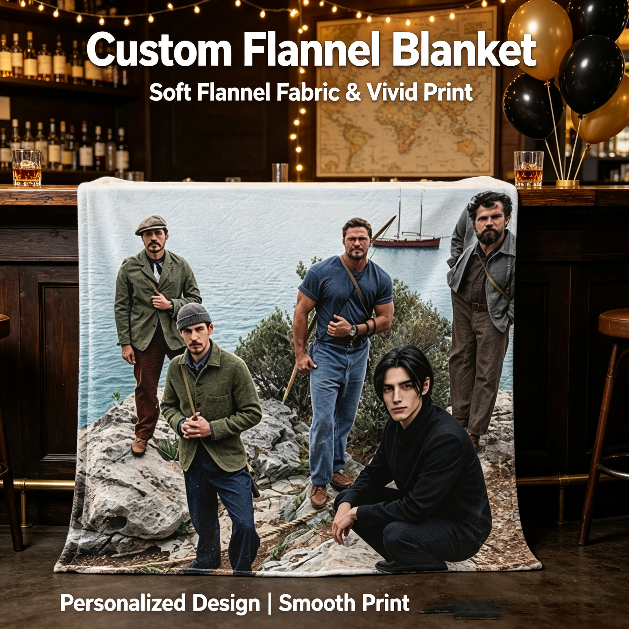 Custom Face Blanket Featuring Men on Rocky Coastline with Sailboat in Background Flannel Blanket Perfect for Outdoor Adventures and Cozy Nights Ideal Gift or Giveaway Item